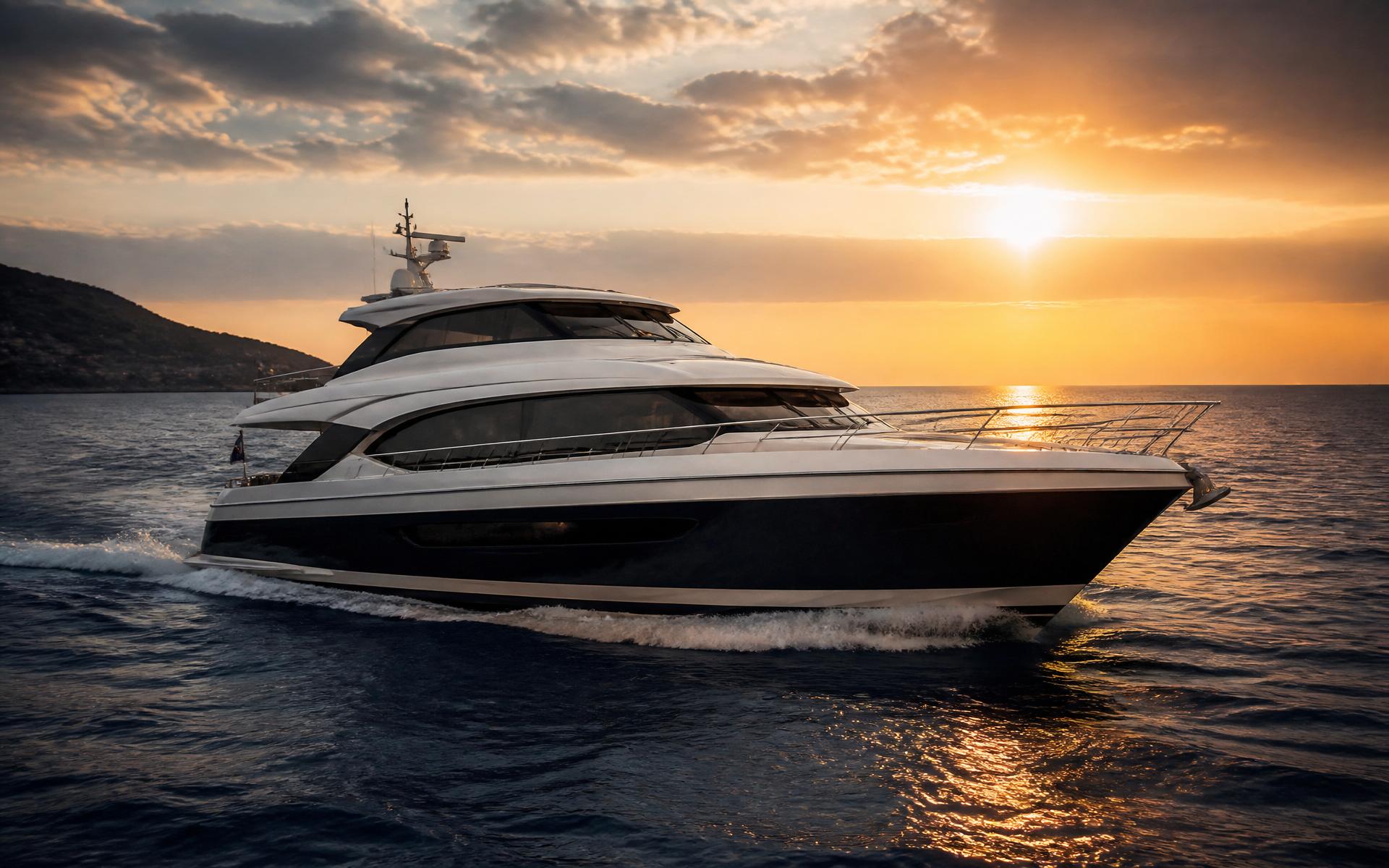 Luxury motor yacht cruising at golden hour